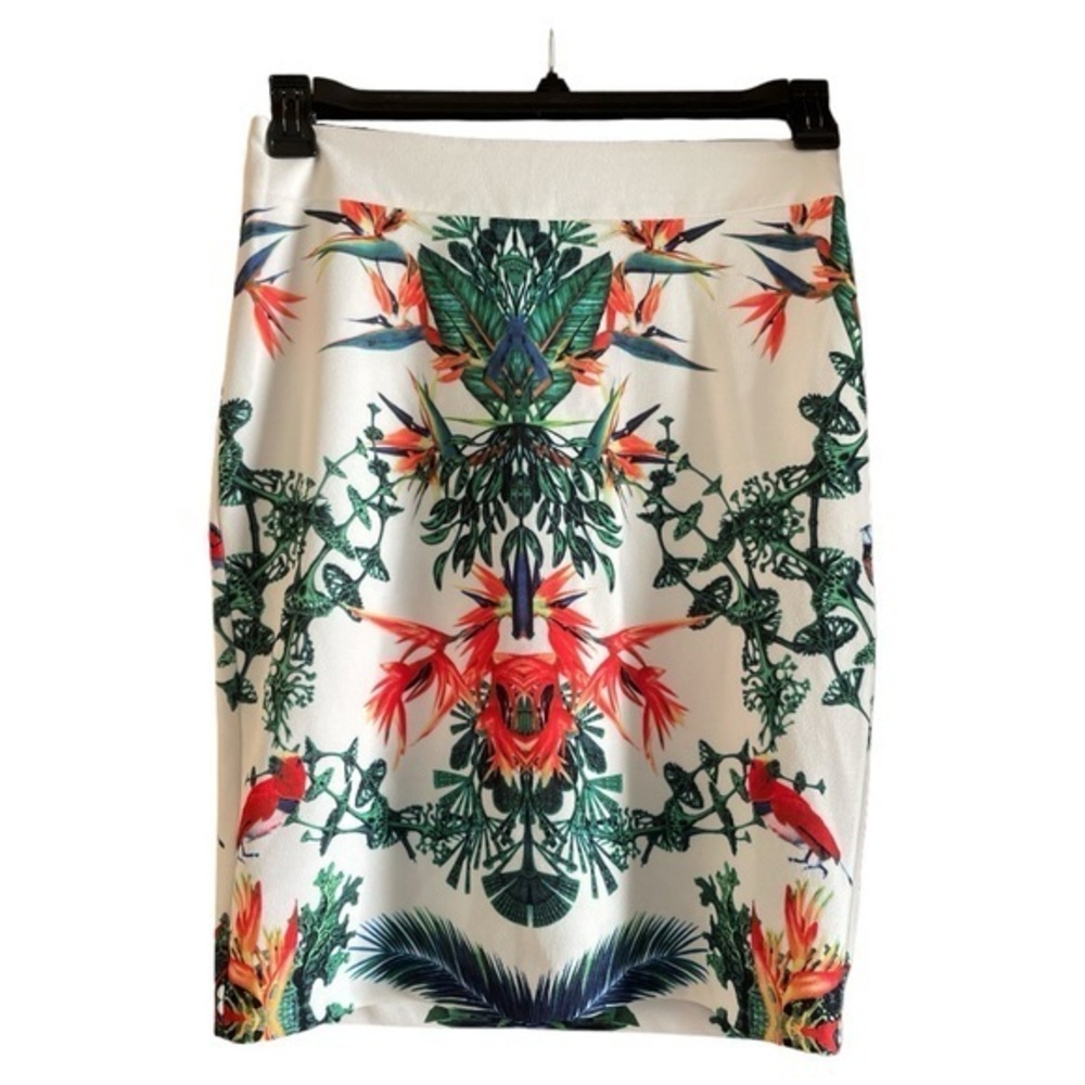 Hypr Tropical Hawaiian Mini Skirt Bodycon Lined Stretch Cream Multi Size‎ Small